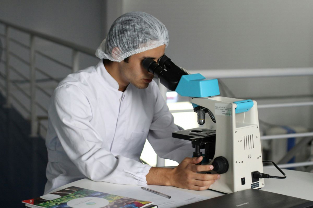 Medical assistant looking through microscope in a lab